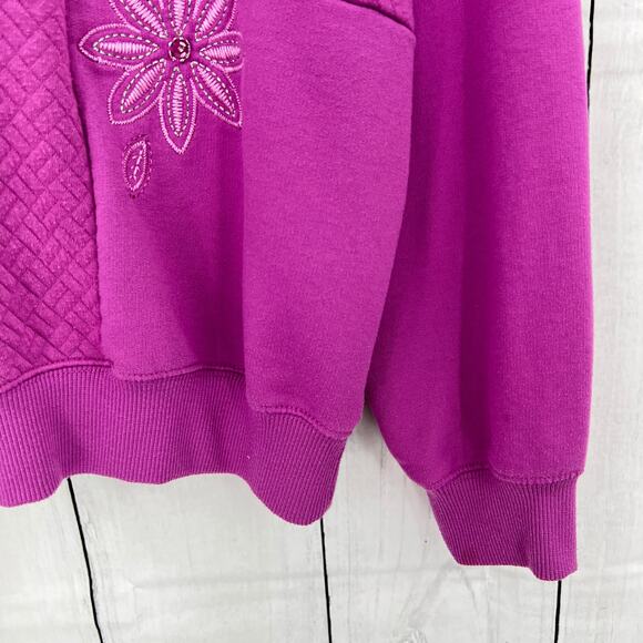 American VINTAGE LARGE 80s Pink Purple Floral Beaded Quilted Polo Sweater - Picture 4 of 7